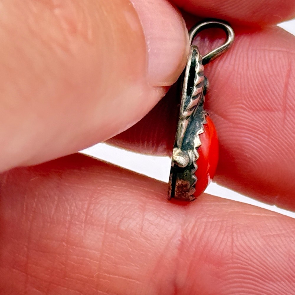 Tiny Vintage Zuni Native Coral Silver Pendant Charm