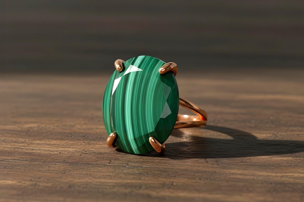Malachite Gemstone Ring Anemone Sterling Silver Oval Large Stone Engraved