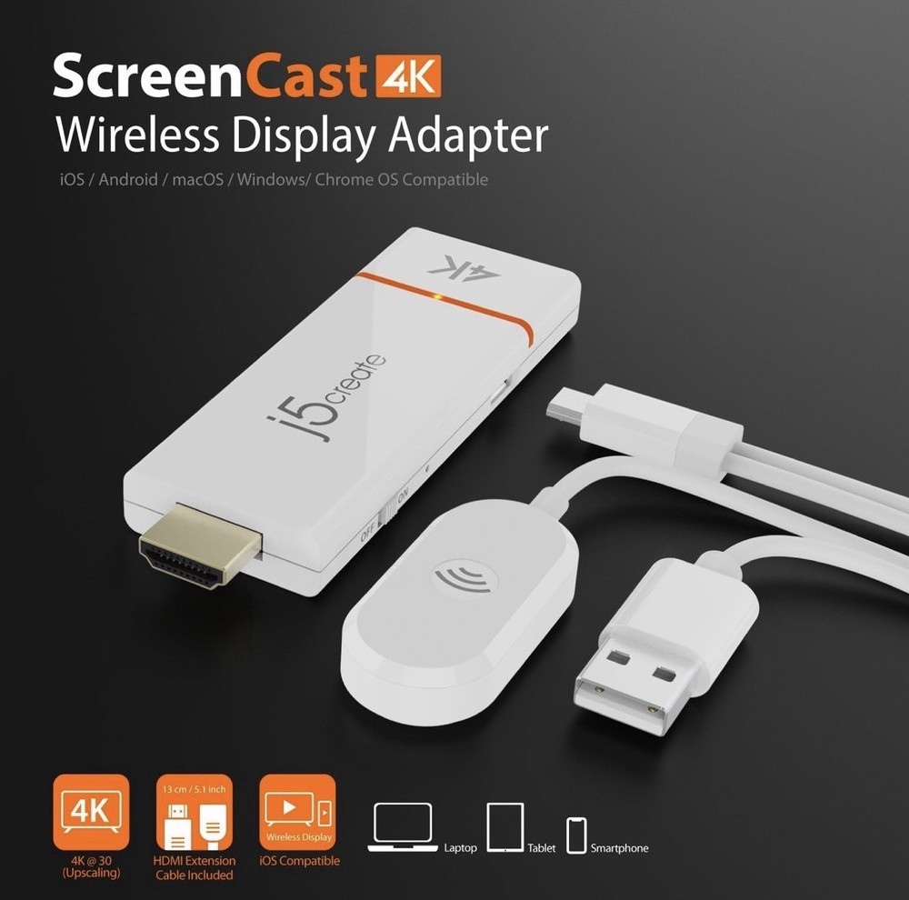 J5 Create ScreenCast 4K Wireless Display Adapter JVAW76 White