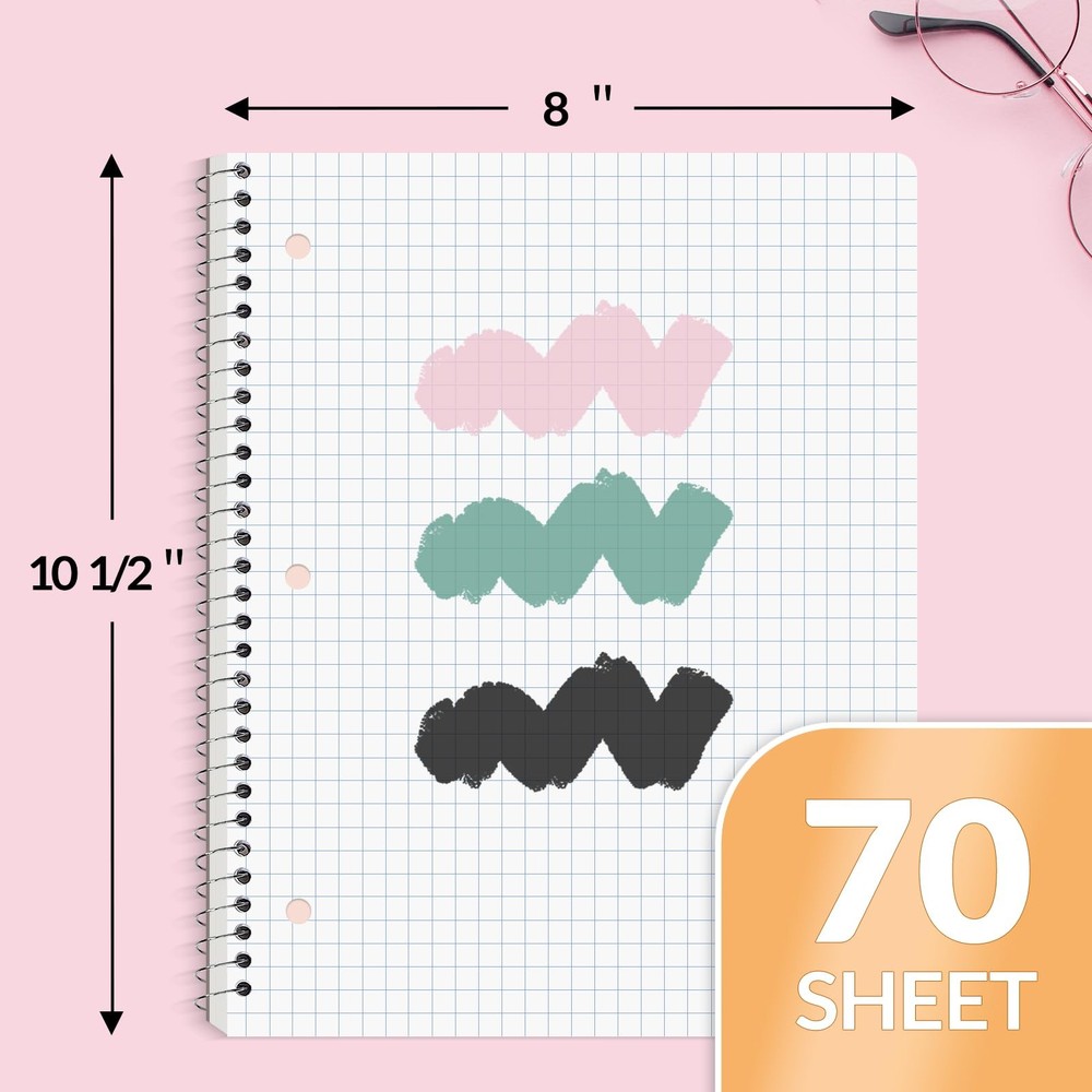 Spiral Notebook, 70 Sheets Graph Paper, 5X5 Grid, Work, Pink