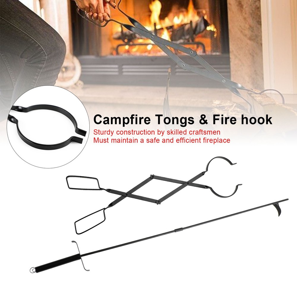 2PCS Hearth Tool Fireplace Set Fire Tools Set Campfire Tongs Fire hook Blk