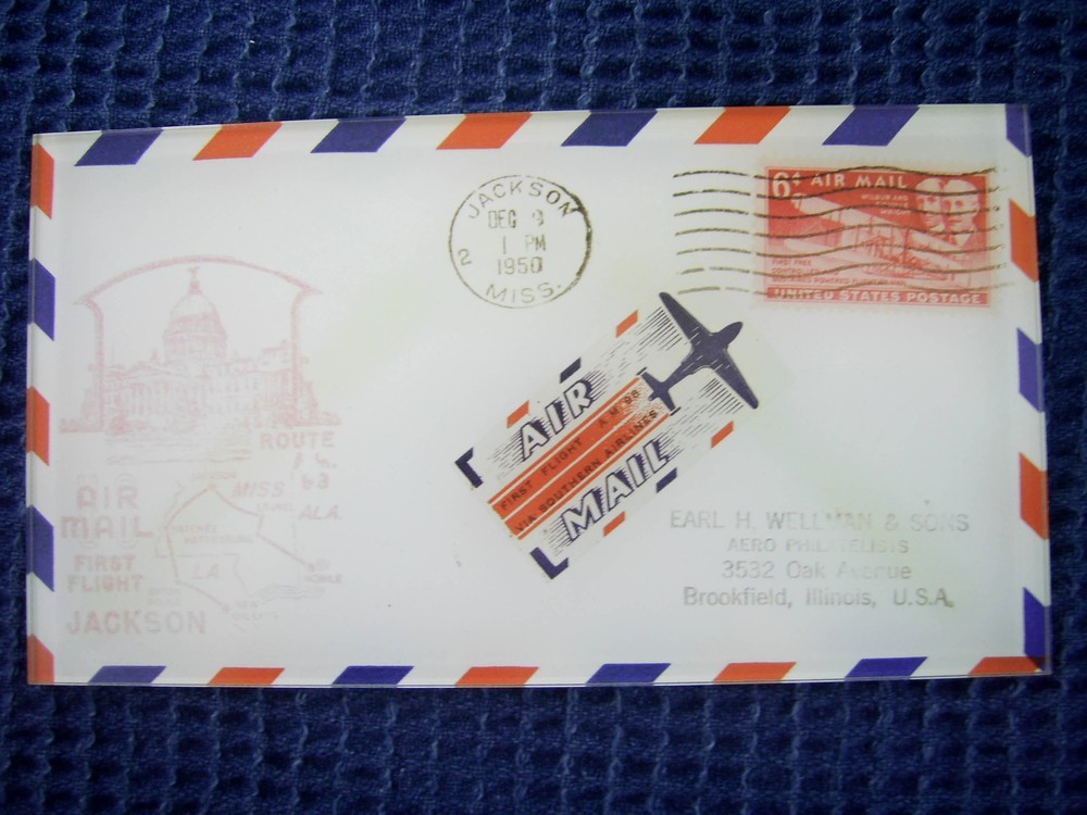 VINTAGE JACKSON, MS 1ST FLIGHT MAIL ENVELOPE  - MOUNTED ON HARD BOARD