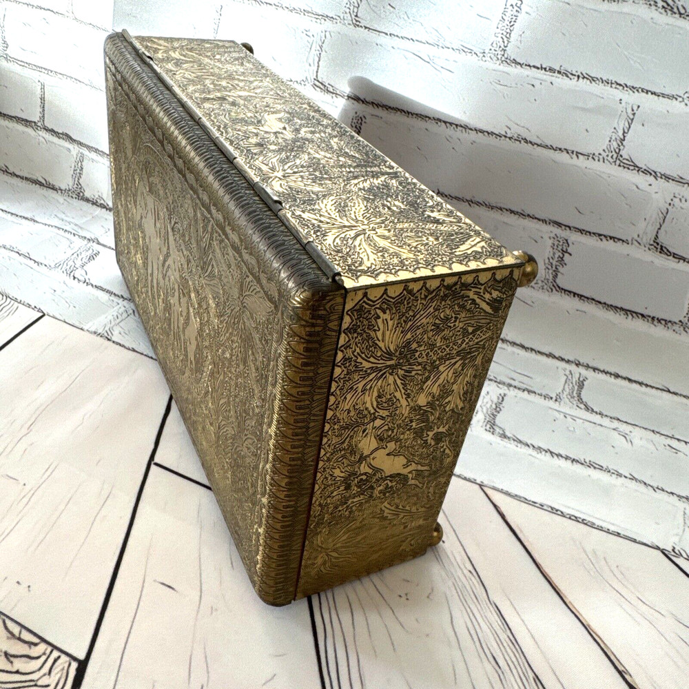 HAND TOOLED ENGRAVED SOLID BRASS STASH BOX CHEST ELEPHANT OX LION ELK HUNTER