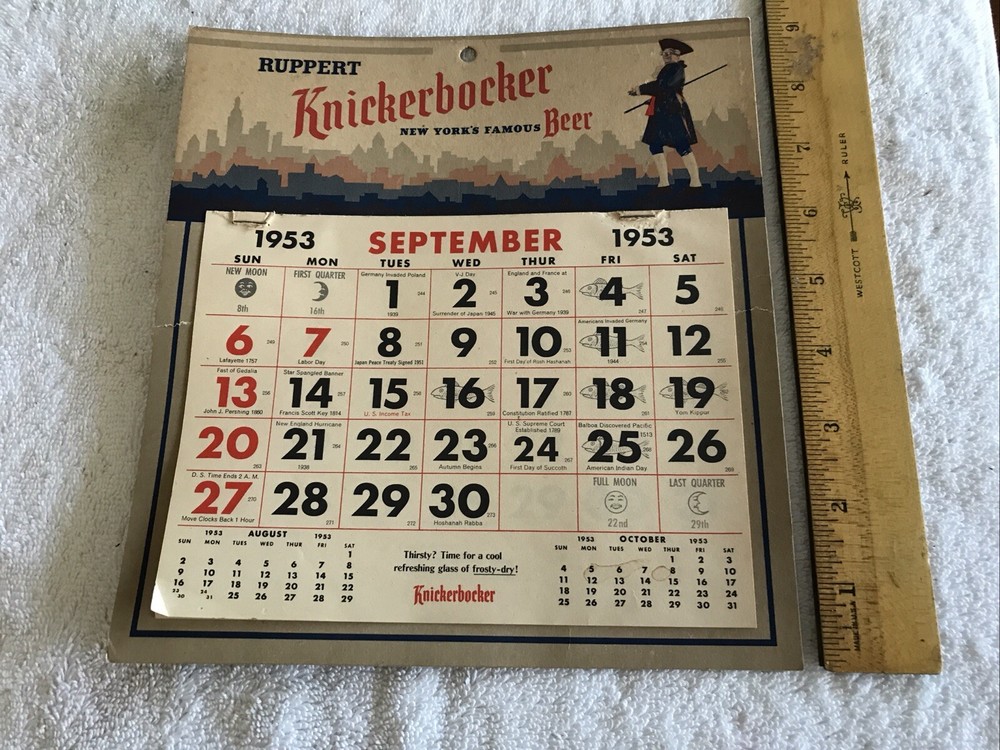 1953 KNICKERBOCKER BEER VINTAGE PARTIAL CALENDAR