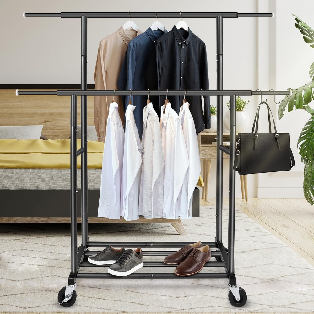 Garment Clothes Rack Double Rods Rolling and Lockable Stand