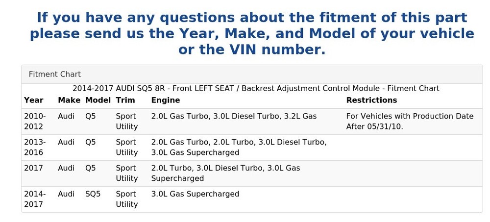 2014-2017 AUDI SQ5 8R - Front LEFT SEAT / Backrest Adjustment Control Module