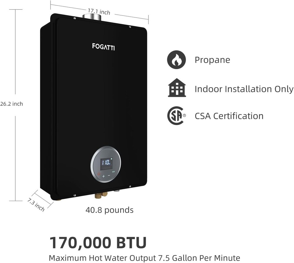 FOGATTI 7.5 GPM 170,000 BTUTankless Water Heater Propane Gas Indoor Black