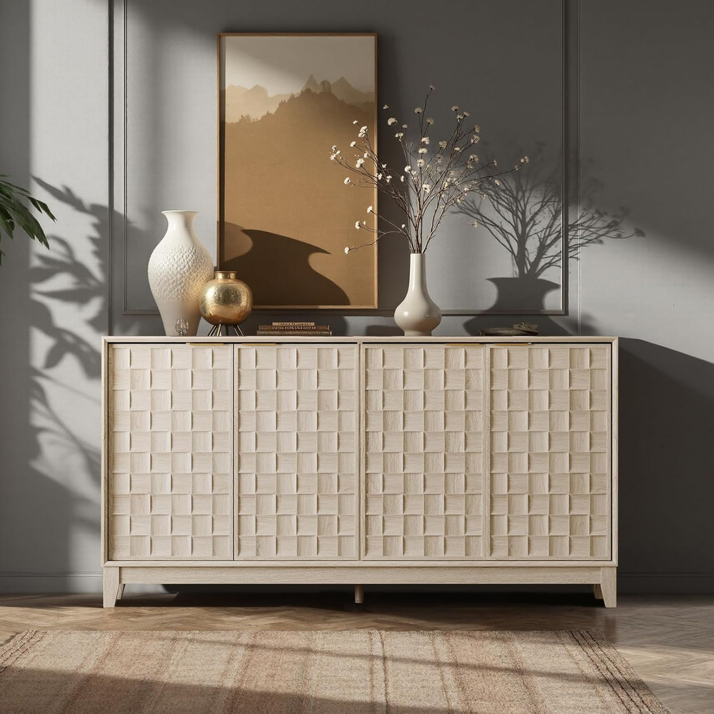 Mid Century Modern Fluted Sideboard - Solid Wood Buffet with Storage, Walnut Fin