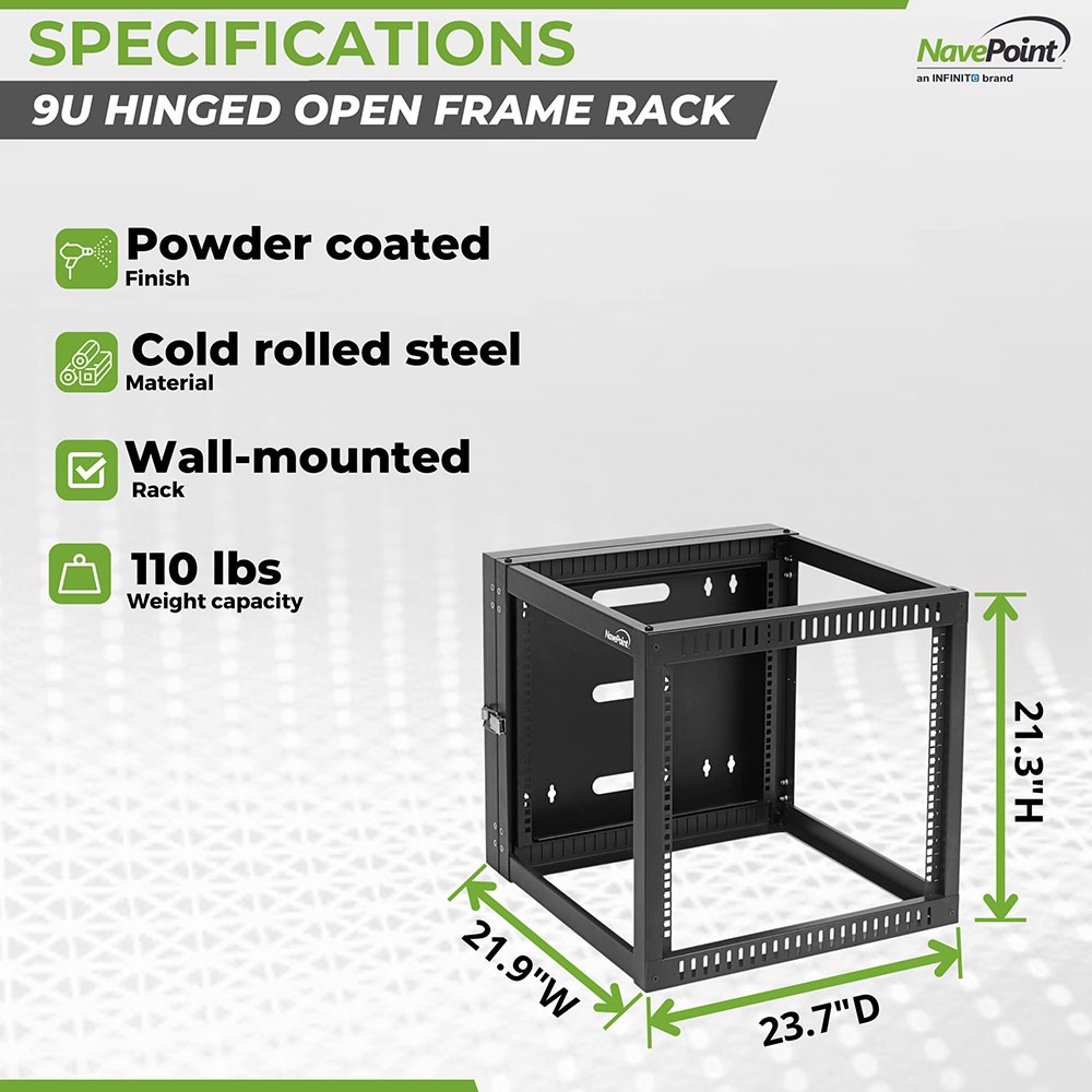 NavePoint Wall Mount Server Rack with Hinged Back, 4-Post 24” Deep, Rear Swing