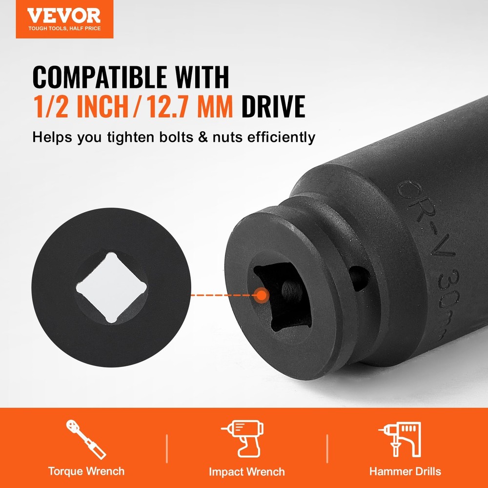 Axle Nut Impact Socket Set 1/2" Drive Deep 6+12-Point 14PCS Metric Socket