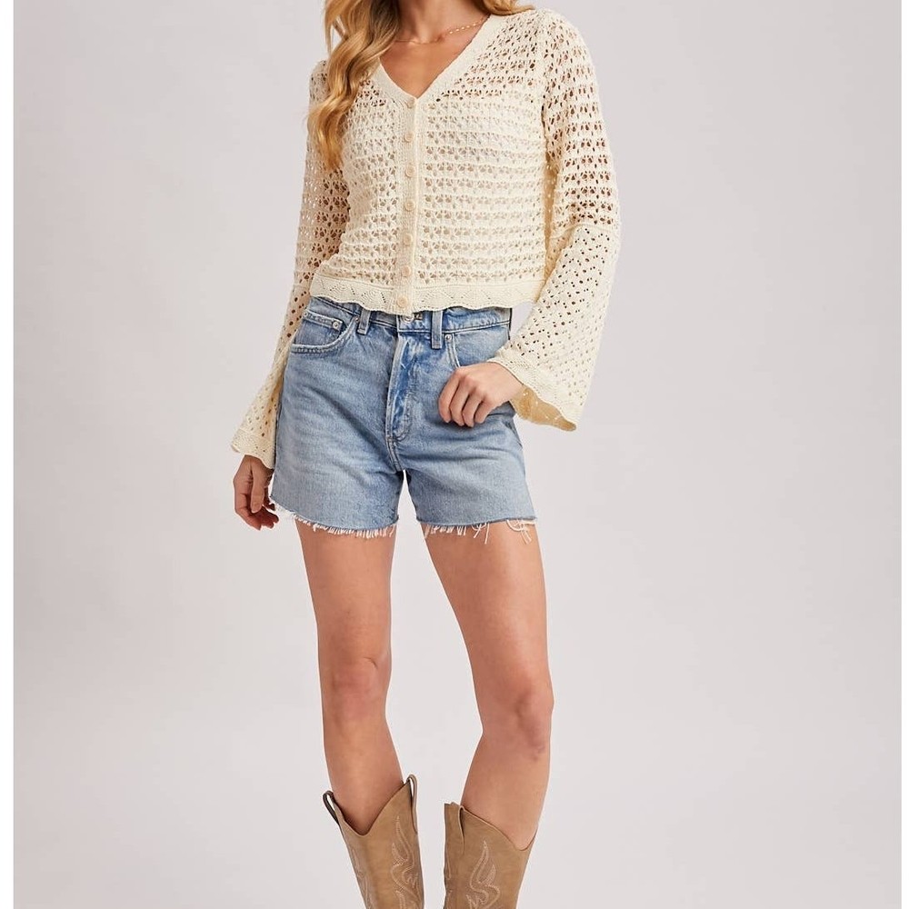 Button-Down Open-Knit Crochet Cardigan Ecru Small