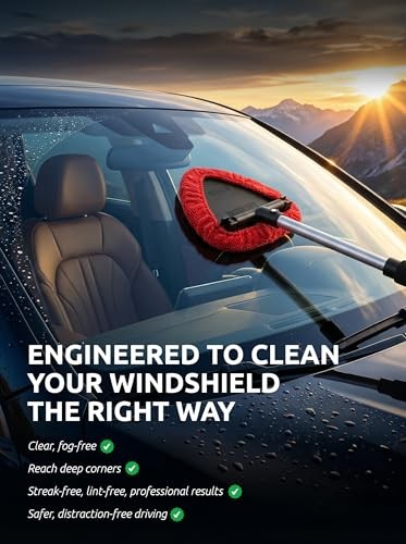 Windshield Window Cleaner Tool, Extendable Long-Reach Handle, Black & Red