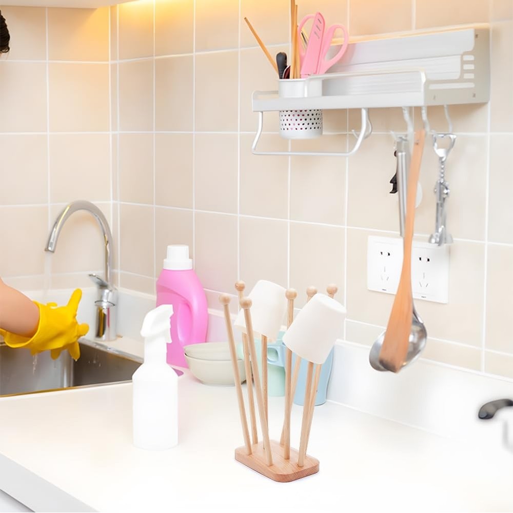 Plastic Bag Drying Rack, Reusable Bag Cup Drainer Holder with 8 Sticks Beech ...