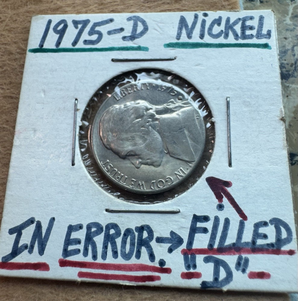 1975 D Nickel . Filled Mint Mark