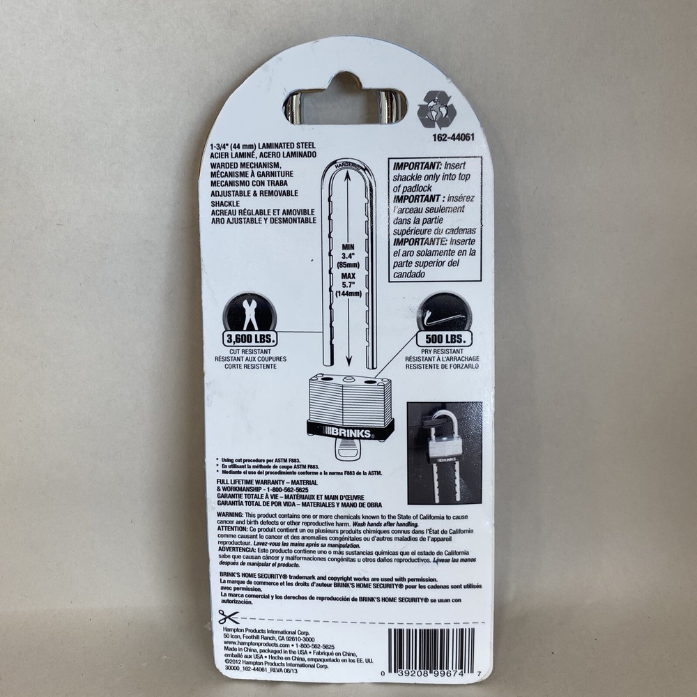 Brinks 1-3/4" Laminated HIGH SECURITY Padlock 162-44061 Adjustable Shank