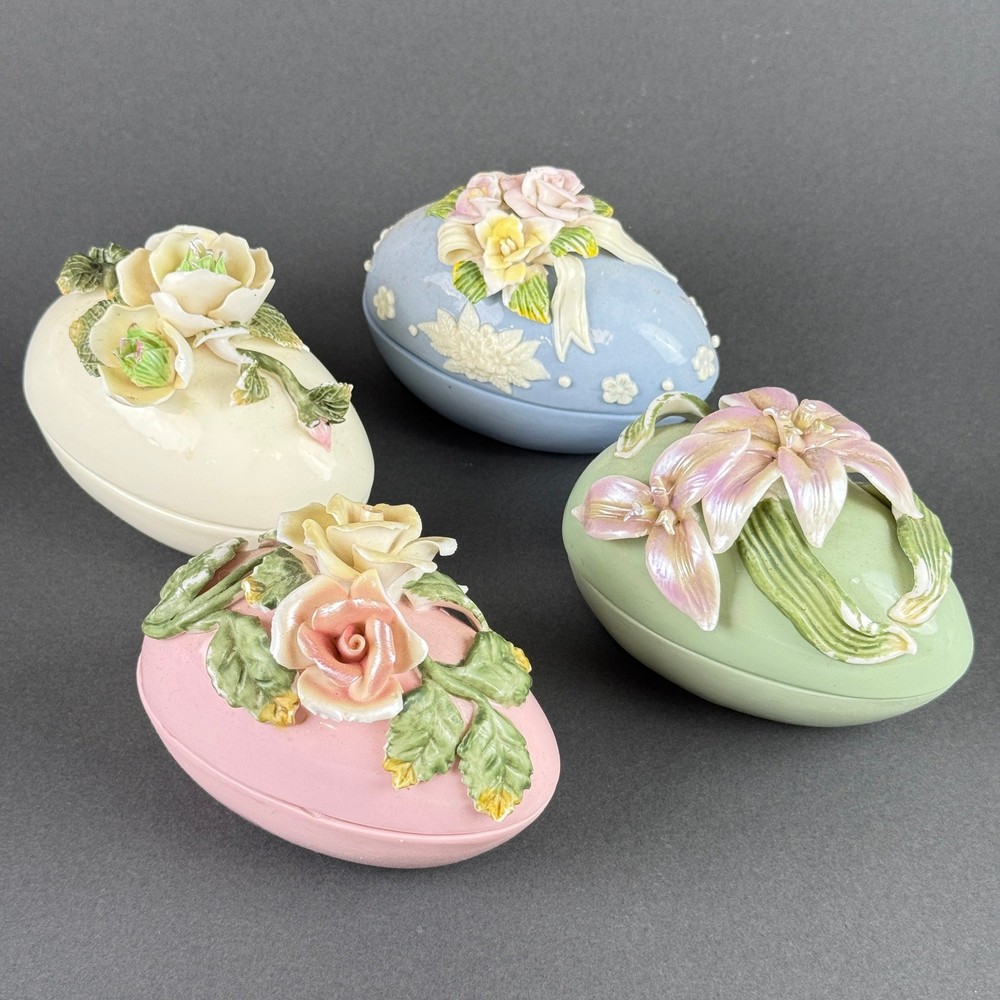 Ceramic Floral Easter Egg Trinket Box Set 4 Piece Pastel Easter Decor 4.5"