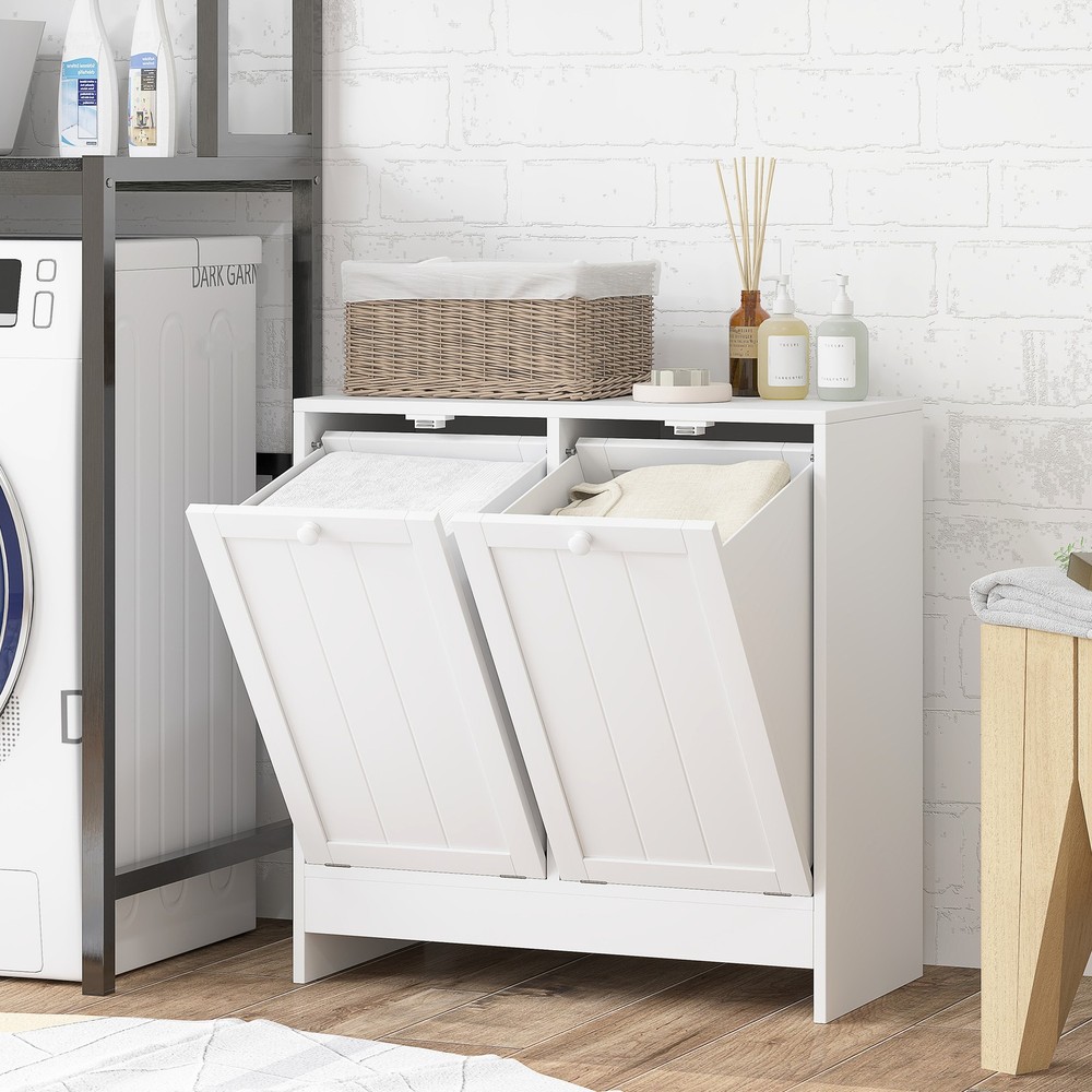 Tilt-out Laundry Storage Cabinet with 2 Hamper Compartments, White