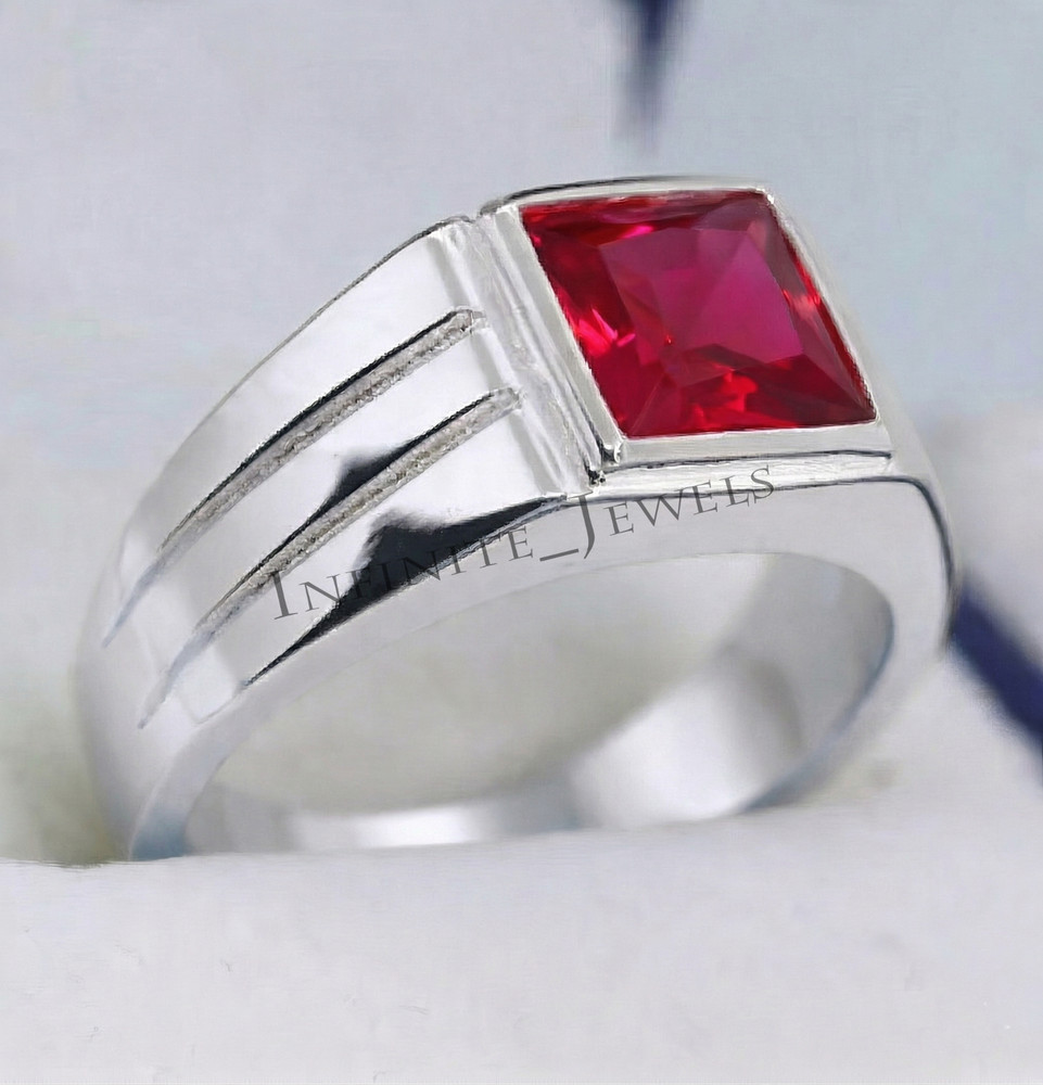 Men's Ruby Engagement Ring 925 Sterling Silver Red Gemstone Ring Gift for Him