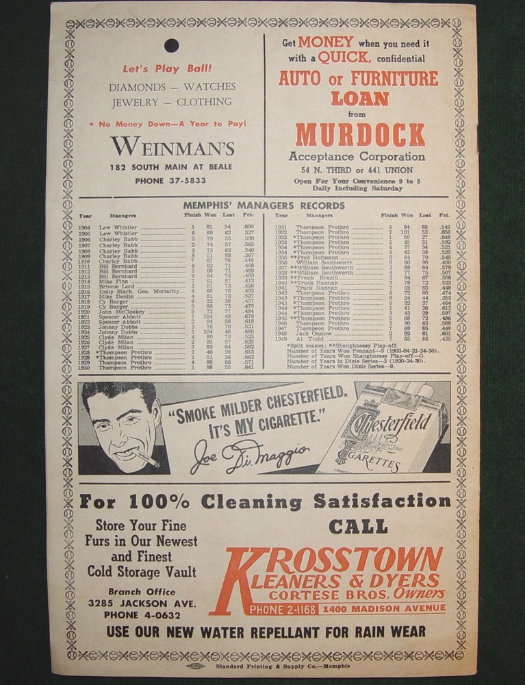 Vintage August 1950 MEMPHIS CHICKS Baseball Team Score Card / Program - Unscored