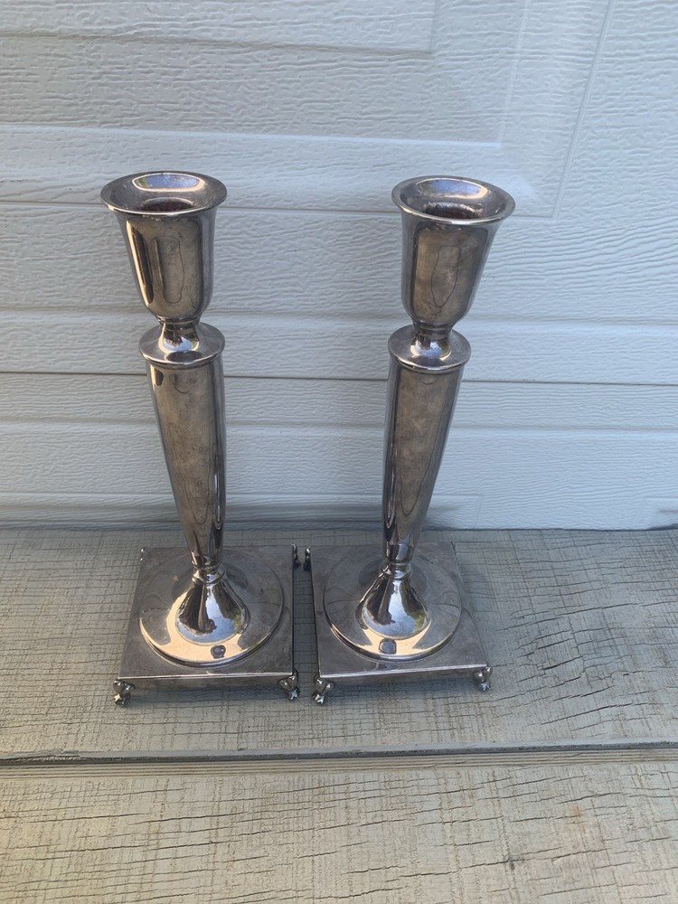 Crescent Silver Plated Candlesticks Pair 10.5”Art Deco Pew Footed Square Base