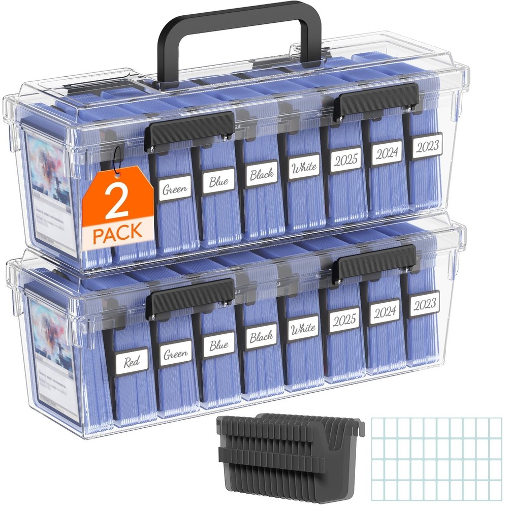 Trading Card Storage Box 2 Pack, Adjustable Dividers, Stackable Case, Fits MTG &