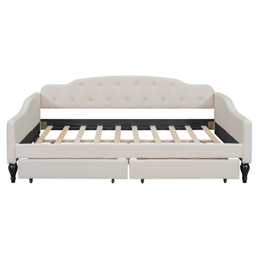 Full Size Daybed Upholstered Bed Frame Sofa Bed with 2 Storage Drawers Beige