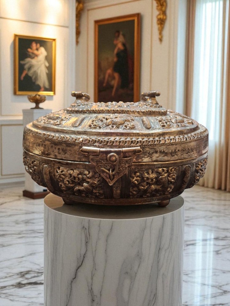 Antique Burmese Silver Tone "Thabeik" Locking Casket Hinged Container Marked...