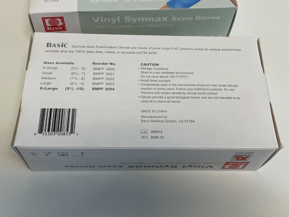 N3: 4 Boxes - 100 each box - Basic Vinyl Synmax Exam Gloves XL BMPF3004