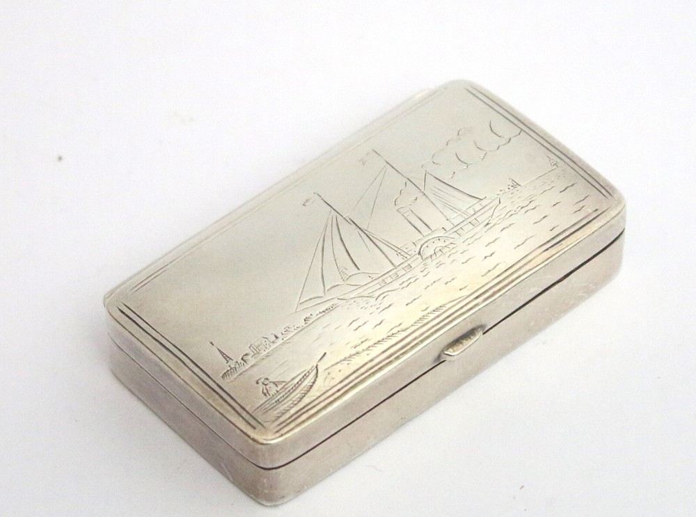 Sterling solid silver stamp box with paddle steamer engraving Elizabeth II