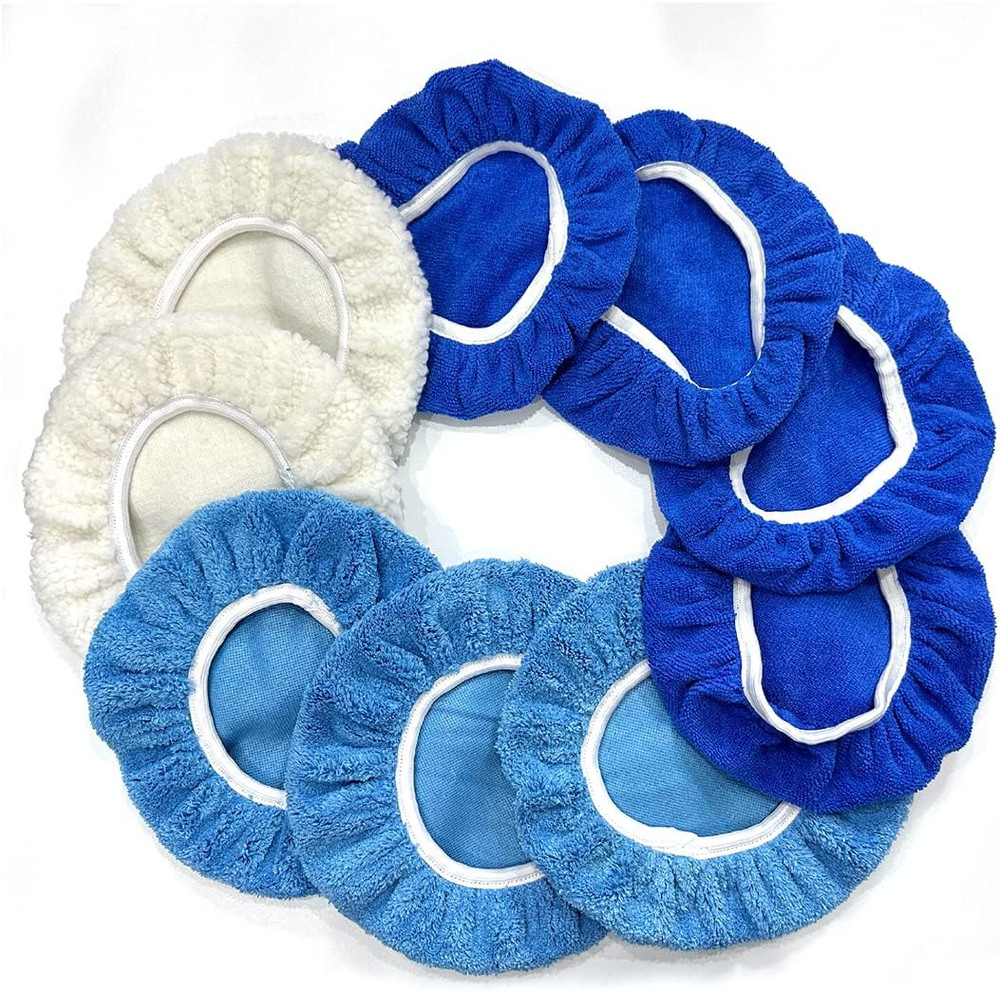 AICEL 9pc Car Polisher Pad Bonnet 9-10in Orbital Buffer Microfiber Wax Set