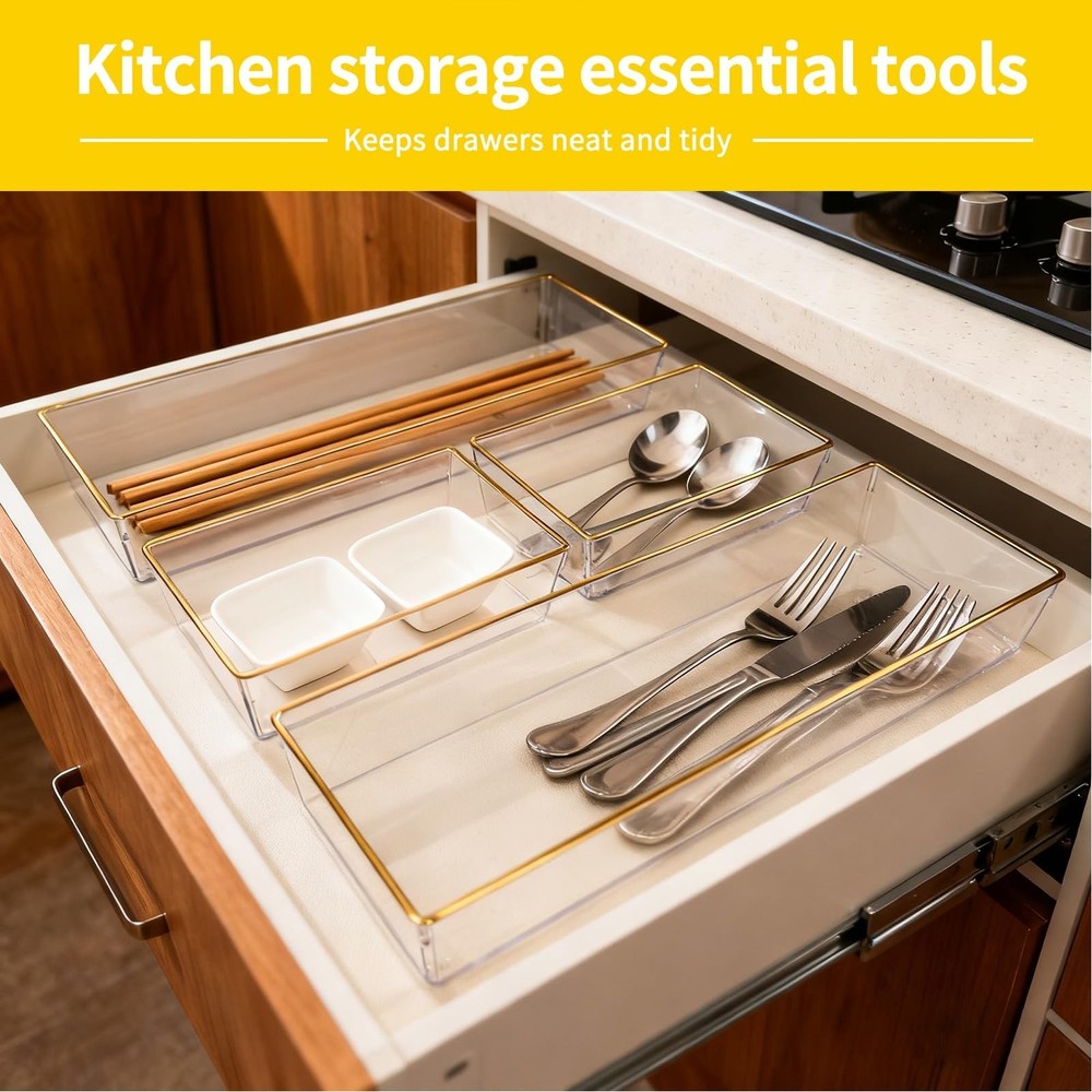 6 Pack Large Size Clear Stackable Drawer Organizer Trays, Gold Rim Makeup Dra...