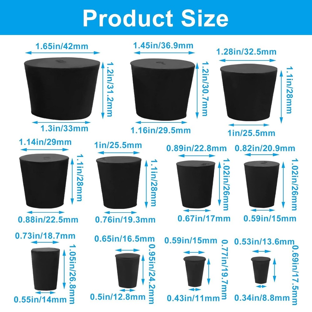 29 PCS Solid Rubber Stoppers, 10 Assorted Sizes(000# - 6#) Tapered Lab Bungs Bla