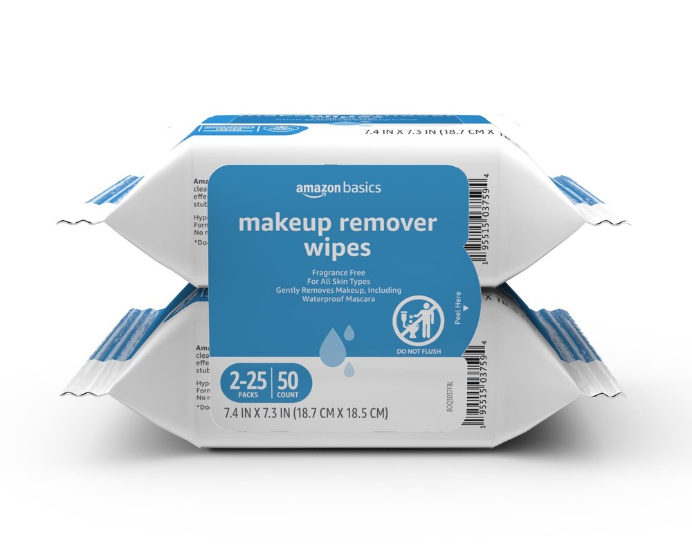 Amazon Basics Makeup Remover Wipes, 25 Count (Pack of 2), WHITE,BLUE
