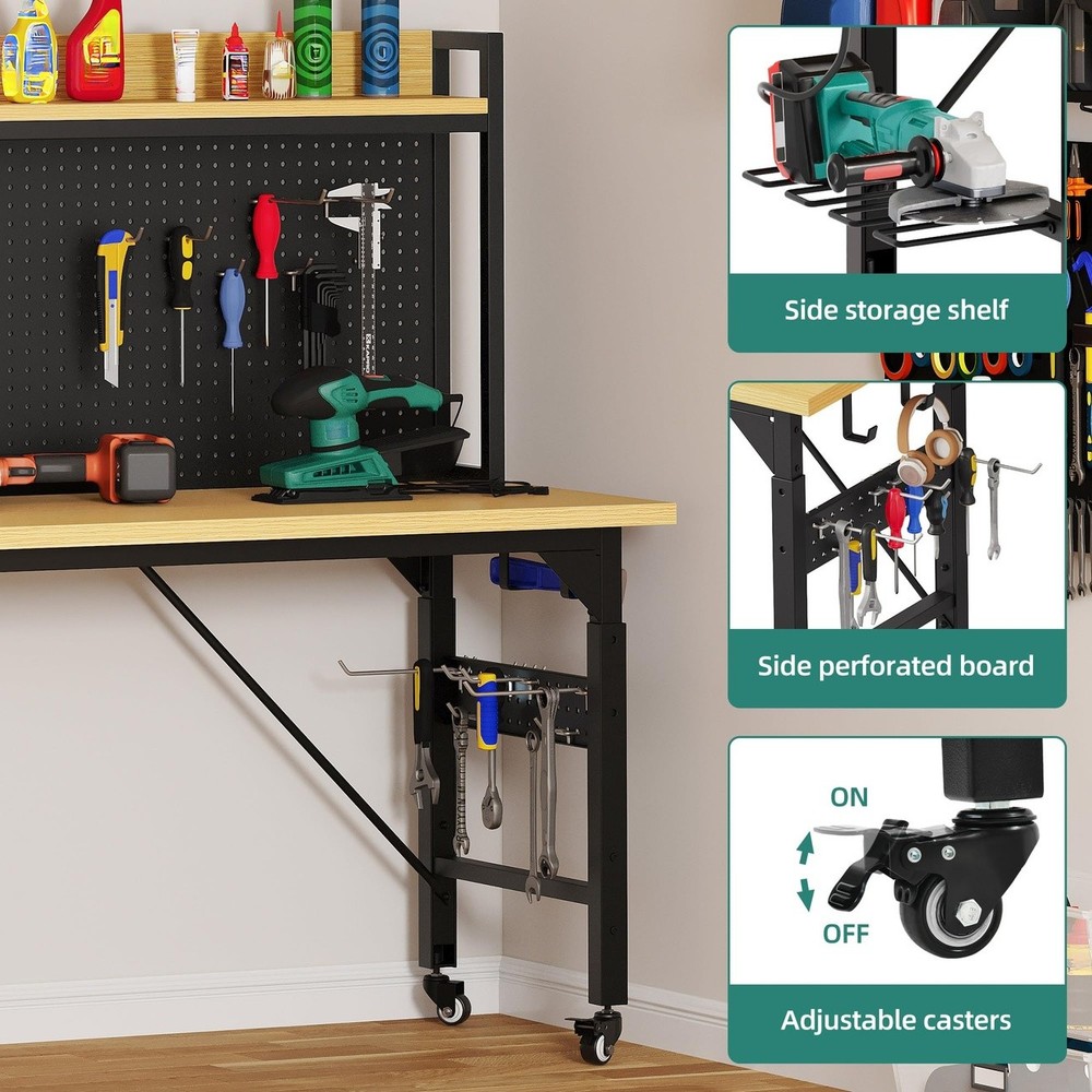 60 Inch Adjustable Workbench Rolling Pegboard Garage Table
