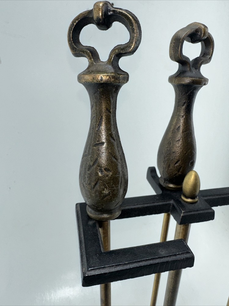 Antique Brass Toned Fireplace Tool Set & Stand Mid Century