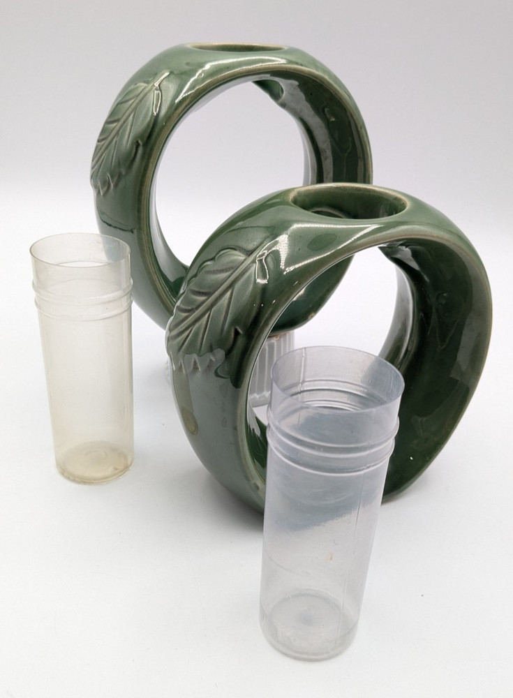 Vtg Ceramic Circular Bamboo Planters with Plastic Inserts Embossed Leaf Design