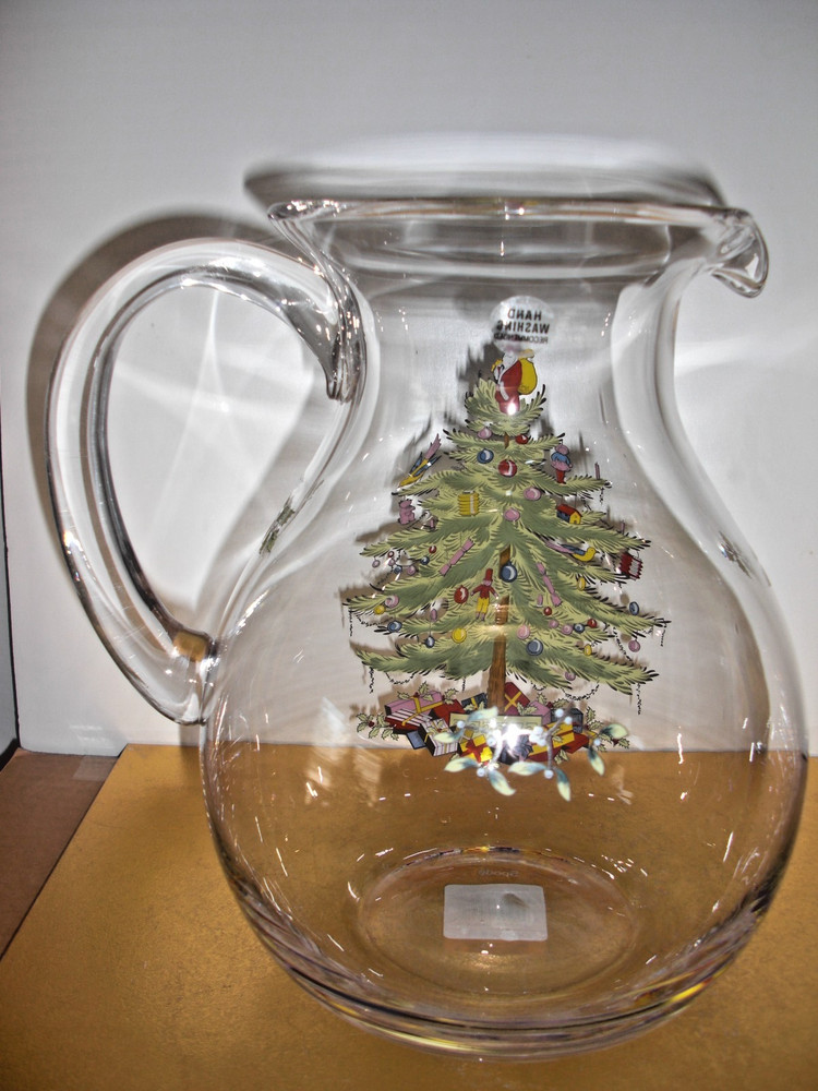 SPODE Glass Hand Blown Christmas Tree Pitcher 96oz - MINT