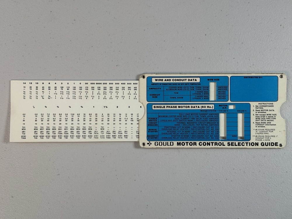 Vintage 1983 Gould Motor Control Selection Slide Chart – 1981 NEC Reference