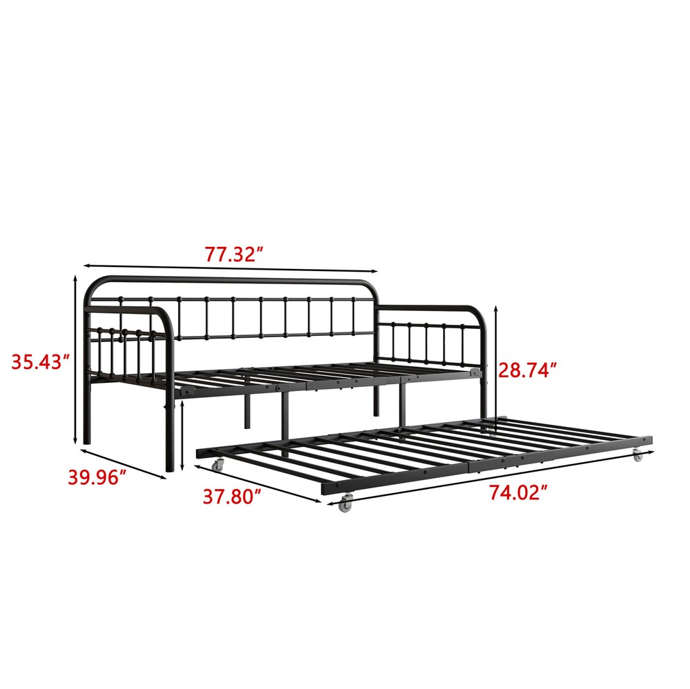 Twin Size Metal Daybed Bed Frame Sofa Bed w/ Pull Out Trundle Bed Black