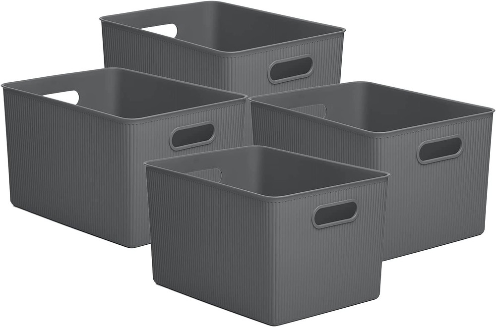 Superio 22L Large Ribbed Storage Bin- Plastic Storage Bin (4 Pack, Grey)