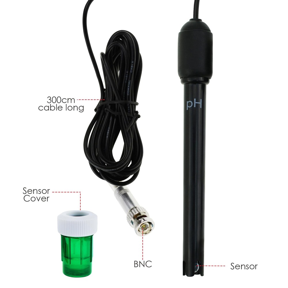 Long Body pH Electrode with BNC Socket Probe 300cm Cable 0-14pH for pH Meter,...