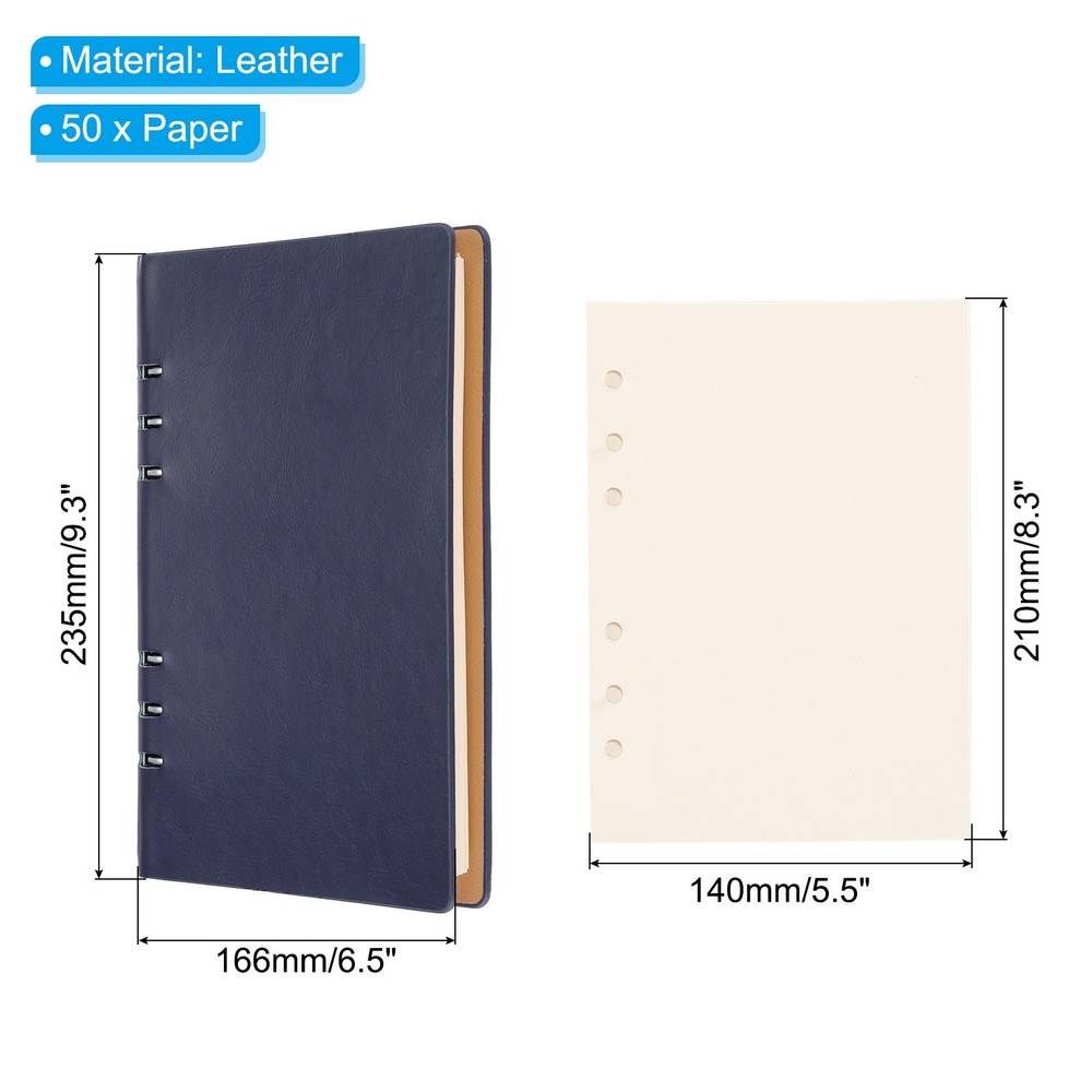 6 Ring Binder Cover A5 Leather Notebook Binder with 80 Sheets Paper, Blue