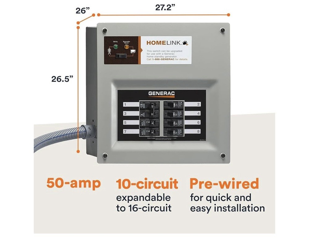 50 Amp Manual Transfer Switch, 240V Generator Hookup, Pre-Wired Transfer Switch
