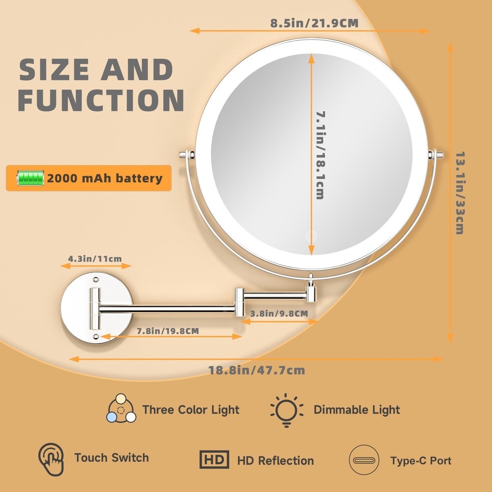 8.5" Wall Mounted Makeup Mirror with Light, 2000mAh Rechargeable Double Sided...