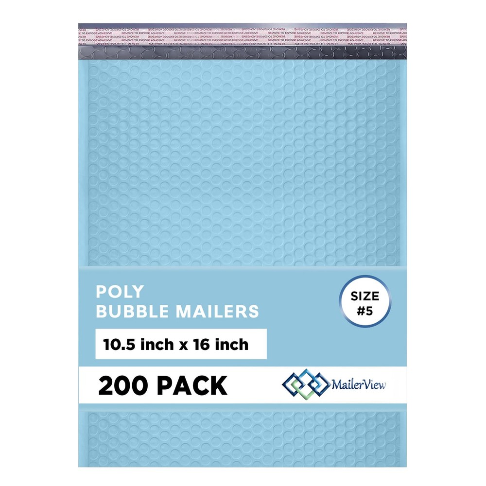 Light Blue 10.5x16 Inch Large Poly Bubble Mailers #5 | Padded Envelopes with Sel