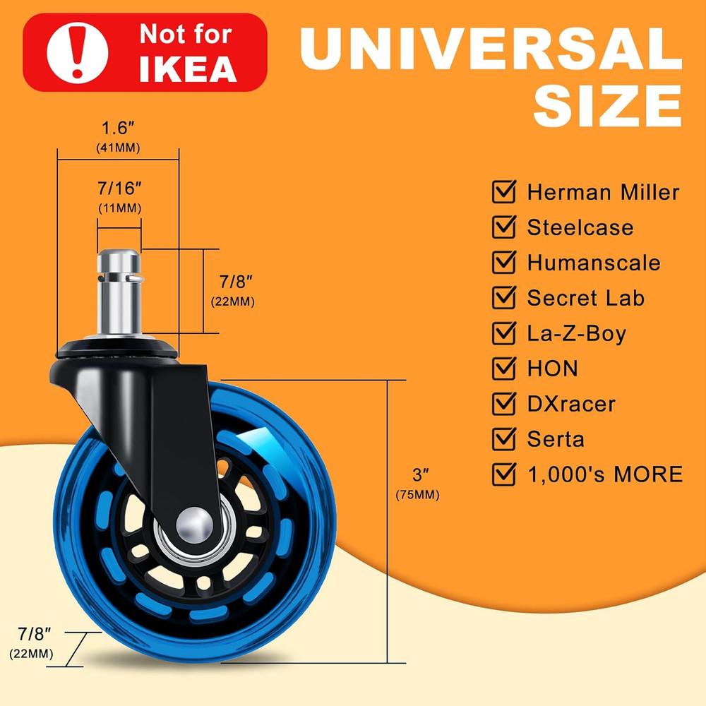 Office Chair Wheels for Casters Replacement - 3" Rubber Wheels for Computer Gami