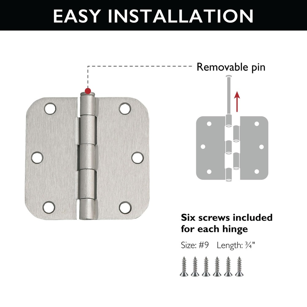 181412 5/8" Radius Steel Hardware Hinges Interior Doors 3 Pack Satin Nick