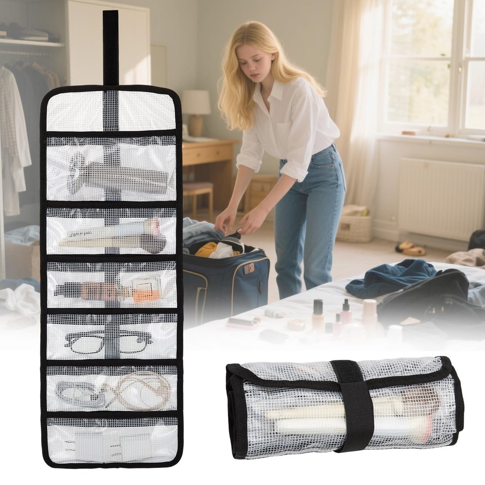 Small Roll Up Storage Bag 6 Pockets Tool Kit Organizer Pouch Clear 2 Pack