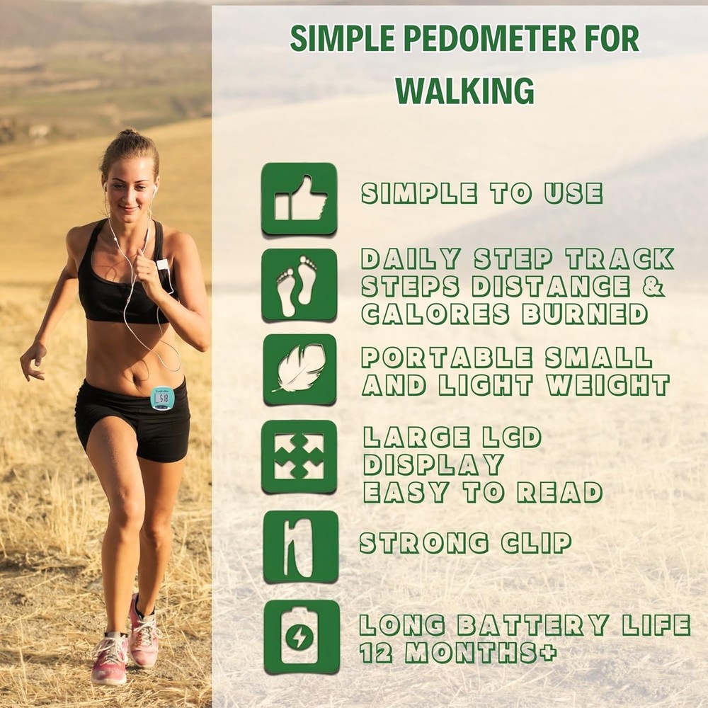 Lightweight Pedometer with 12- Battery Life - Step Tracker for All Ages
