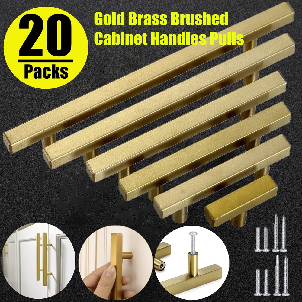 20 Pcs  Gold Brass Brushed Square Modern Cabinet Handles Pulls Kitchen Hardware